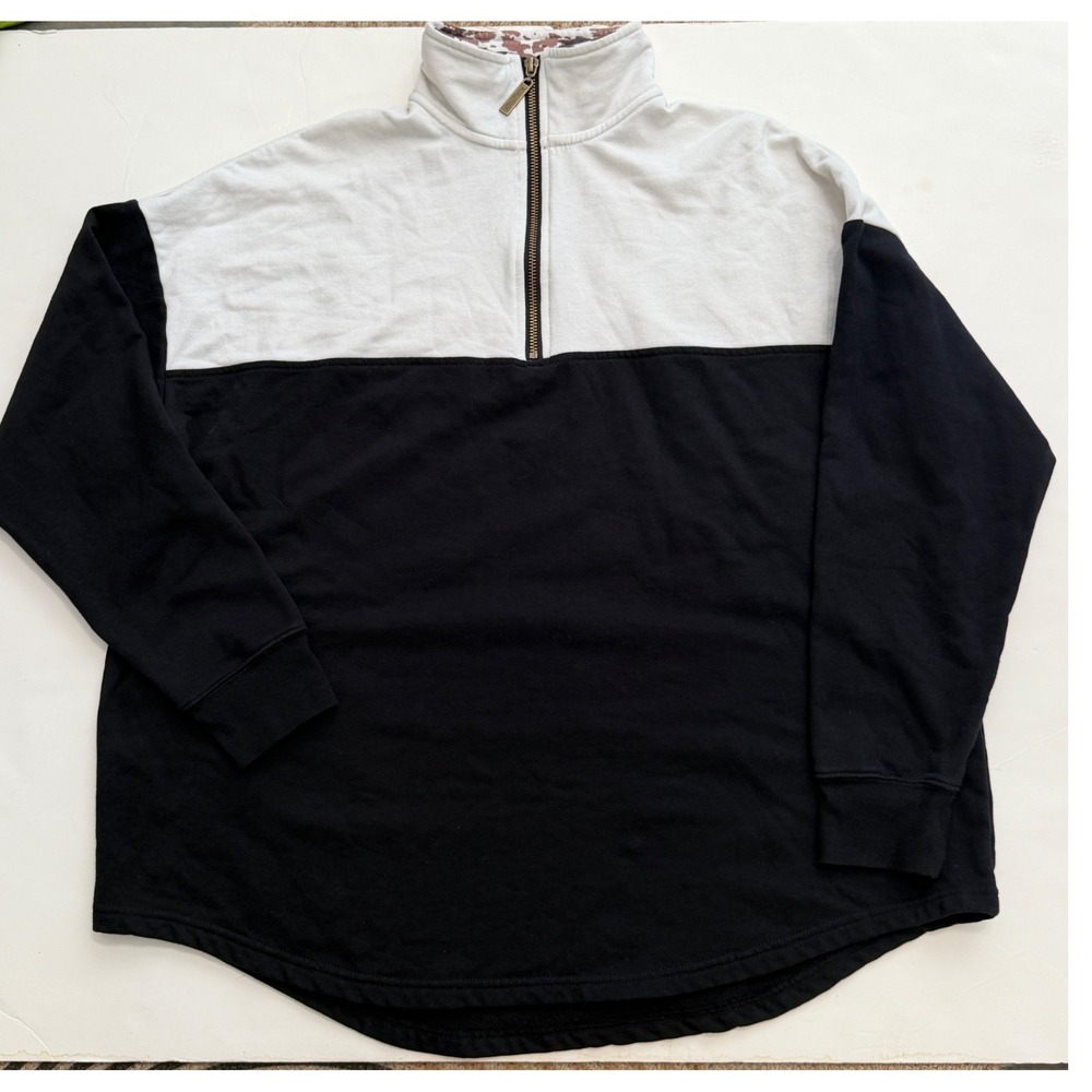 Marleylilly Quarter Zip Sweatshirt Black White Colorblock Cow Print Collar S/M